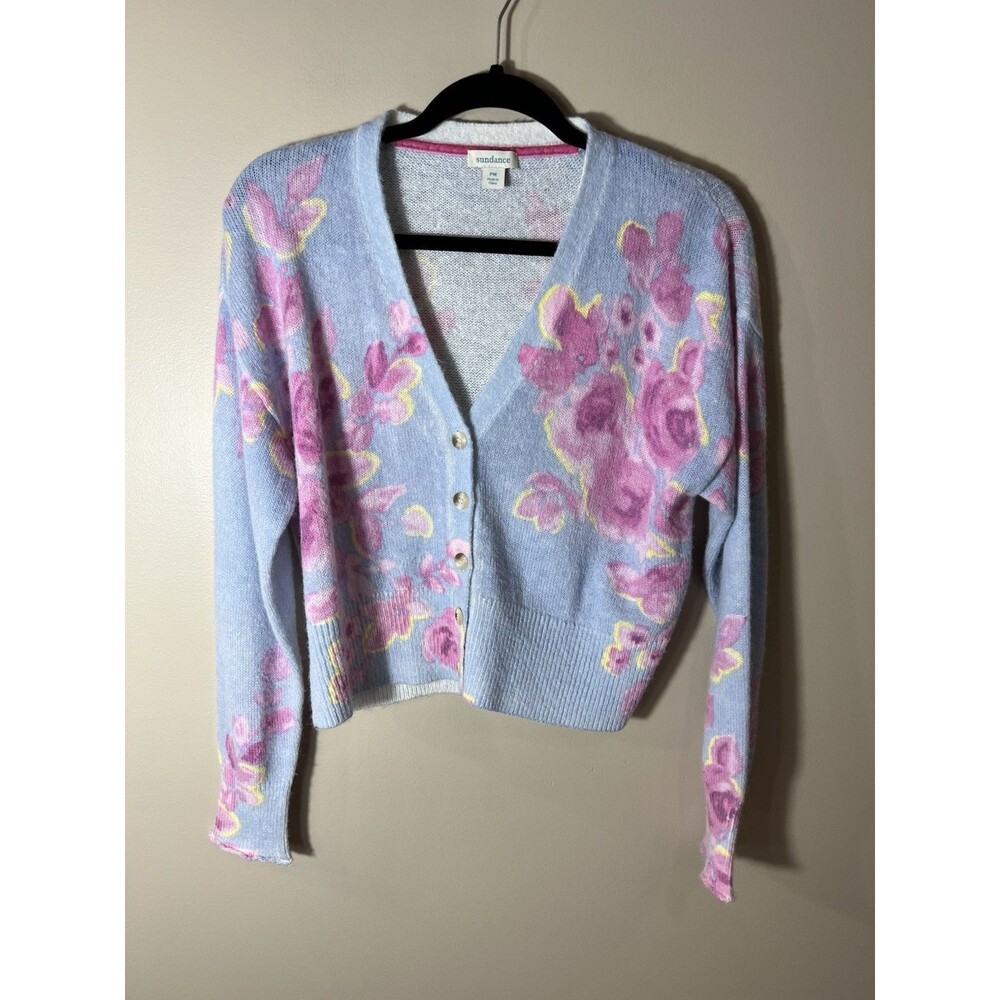 Sundance Dalia Blue Knit Floral V-neck Cropped Cardigan Medium Petite